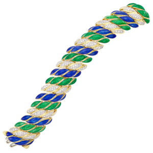 David Webb Blue, Green Enamel and Diamonds Bracelet