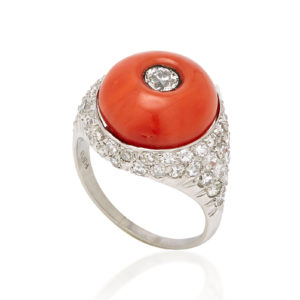 Art Deco Coral and Diamond Ring by Furst