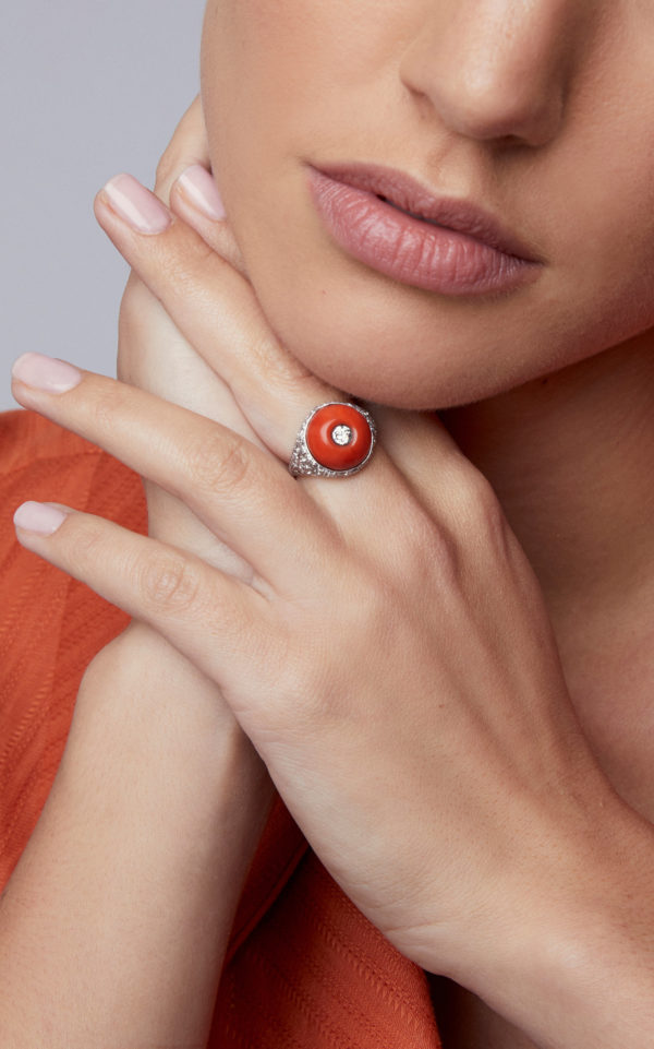 Art Deco Coral and Diamond Ring by Furst - Image 4