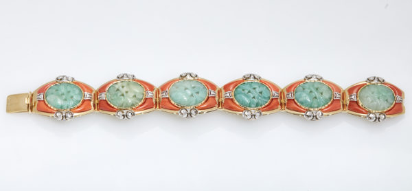 Unusual Coral Jade and Gold Bracelet - Image 2