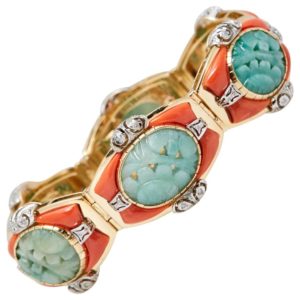 Unusual Coral Jade and Gold Bracelet