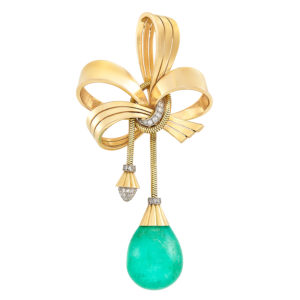 Retro Dangling Emerald Gold Brooch
