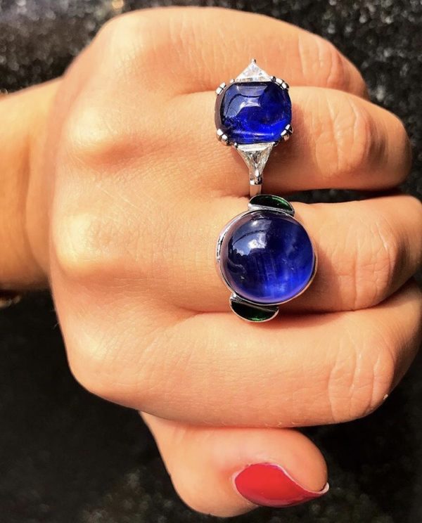 Cabochon Burma Sapphire & Emerald Platinum Ring - Image 5