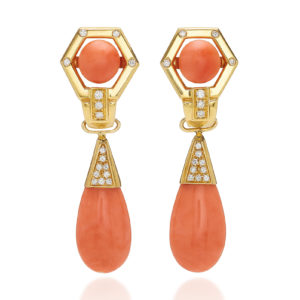 Coral and Diamond Ear-Pendants