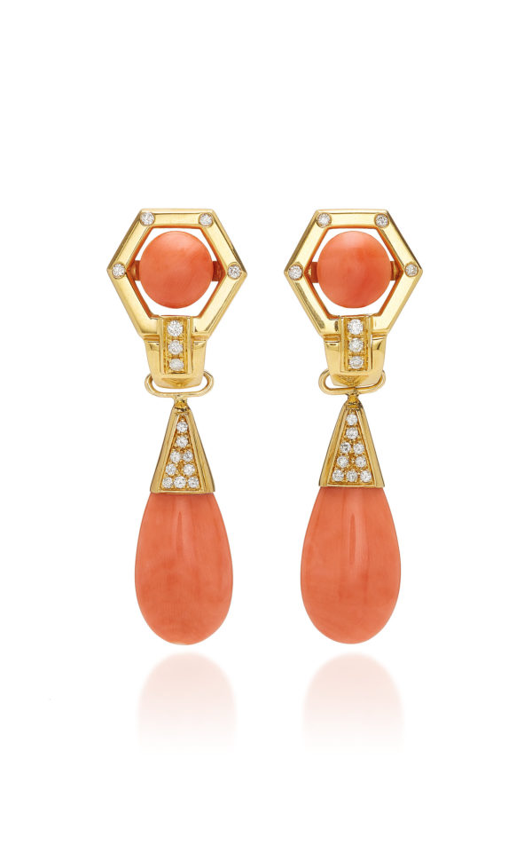 Coral and Diamond Ear-Pendants