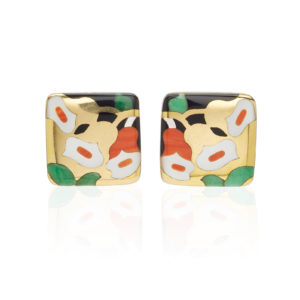 Peculiar Inlaid Coral, Mother of Pearl and Hard-stone Earclips