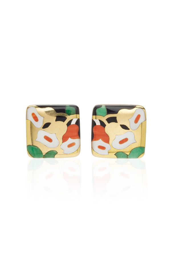 Peculiar Inlaid Coral, Mother of Pearl and Hard-stone Earclips