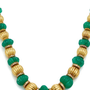 Fluted Emerald and Gold Beads Necklace