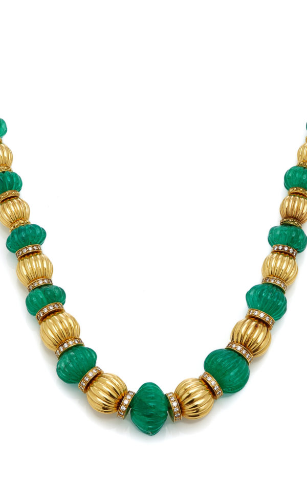 Fluted Emerald and Gold Beads Necklace