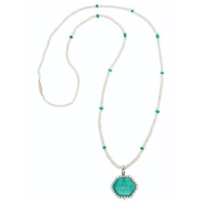 Belle Epoque Carved Emerald and Natural Pearls Sautoir Necklace