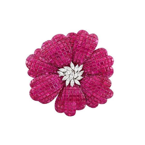 Invisible Set Ruby & Diamond Brooch