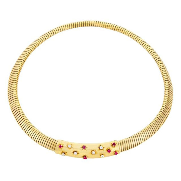 Van Cleef Retro Gold Diamond Ruby Necklace