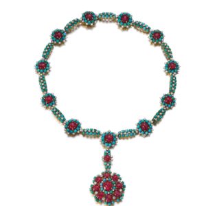 Retro Turquoise Rubies and Diamonds Necklace