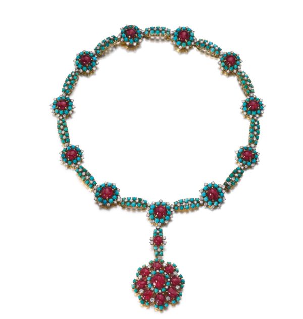 Retro Turquoise Rubies and Diamonds Necklace