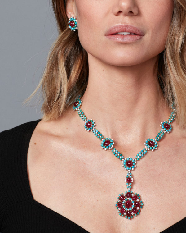 Retro Turquoise Rubies and Diamonds Necklace - Image 2