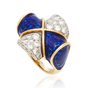 Blue Enamel and Diamond Ring