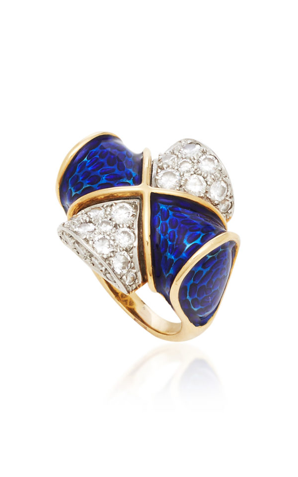 Blue Enamel and Diamond Ring