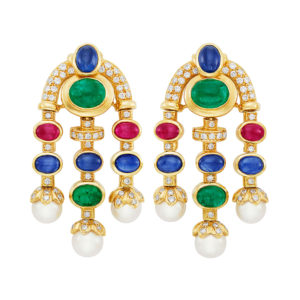 Cabochon Colored Stones, Pearls and Diamond Ear-Pendants