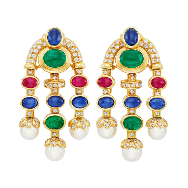 Cabochon Colored Stones, Pearls and Diamond Ear-Pendants