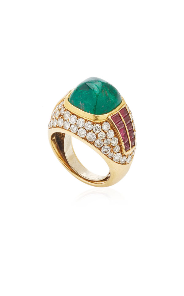Sugarloaf Emerald Ruby and Diamond Ring