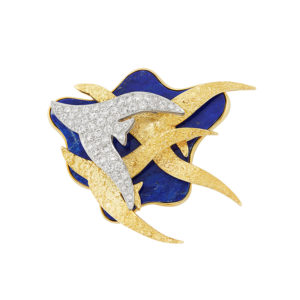 Gold, Platinum, Lapis and Diamond Bird Clip-Brooch