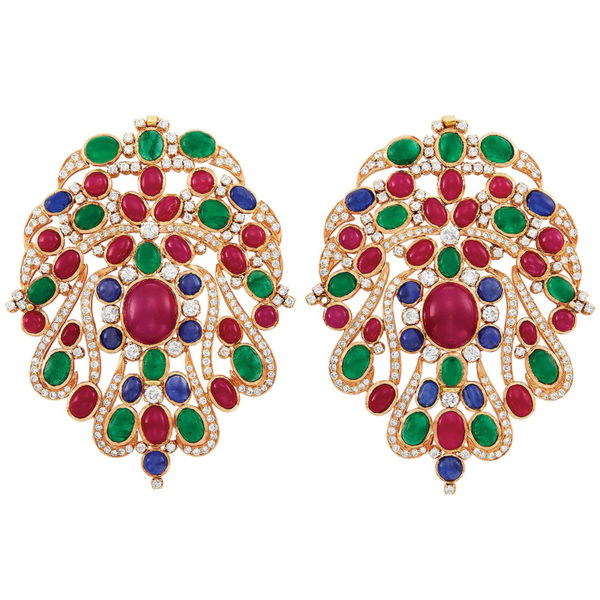 Cabochon Gem-Set and Diamond Double Brooches