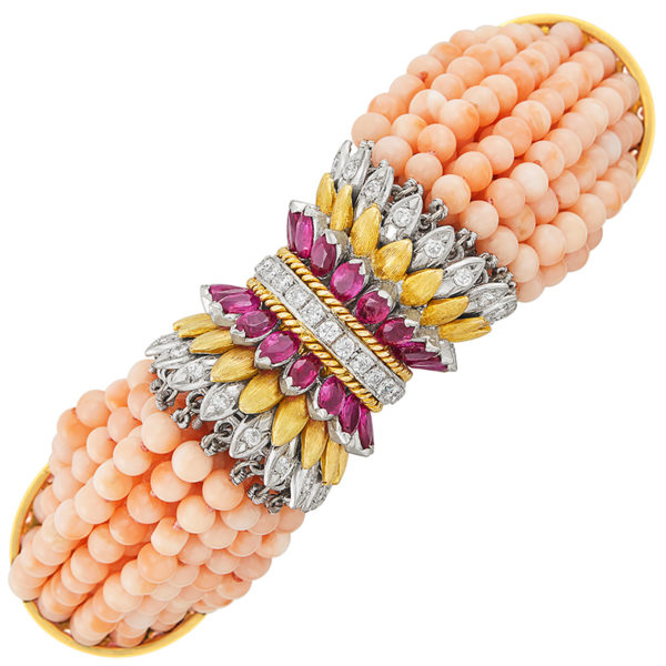 Angel Skin Coral, Ruby and Diamond Torsade Bracelet - Image 3