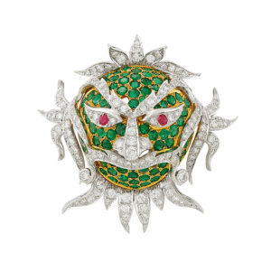 Emerald Diamond and Ruby Mask Brooch