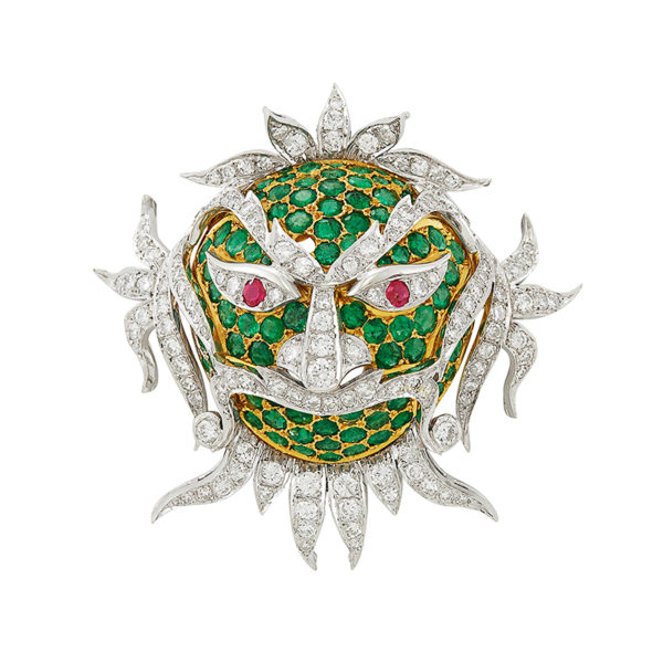 Emerald Diamond and Ruby Mask Brooch