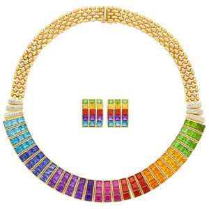 Rainbow Gem-Set and Gold Necklace and Earrings