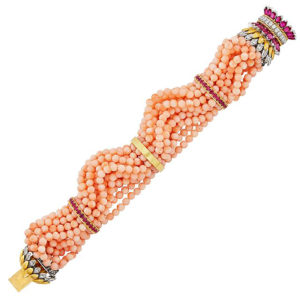 Angel Skin Coral, Ruby and Diamond Torsade Bracelet