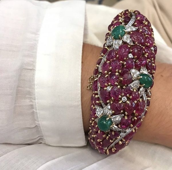 Carved Ruby Emerald and Diamond Cuff Bracelet - Image 6