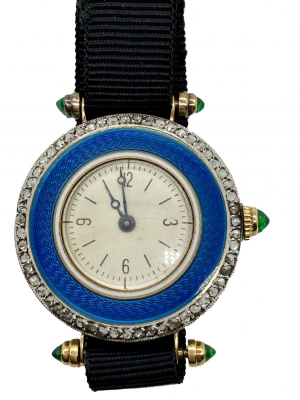 Art Deco Enamel, Emerald, and Diamond Watch