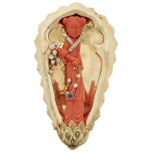 Carved Coral Lady Lotus Brooch