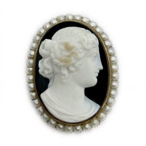 Antique Agate Cameo and Pearl Brooch