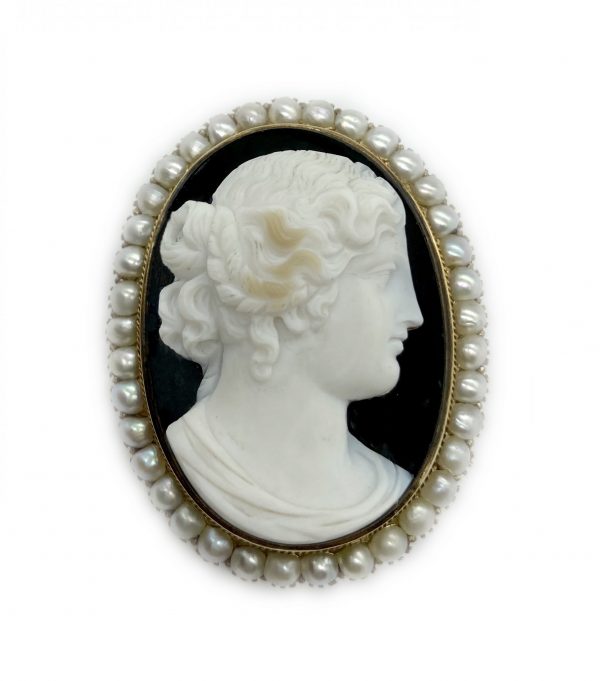 Antique Agate Cameo and Pearl Brooch