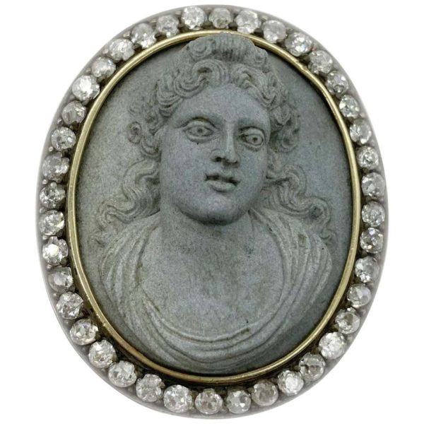 Antique Hardstone Cameo and Diamond Brooch