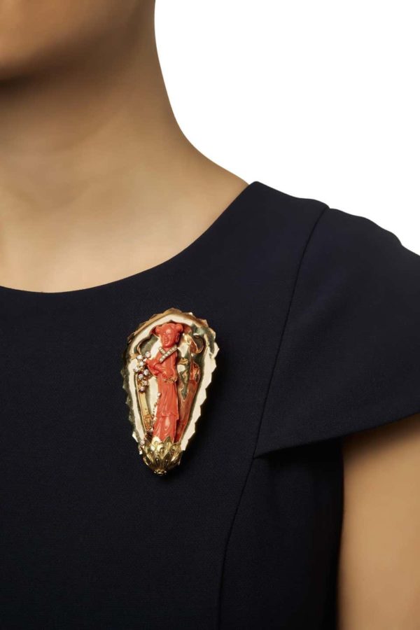 Carved Coral Lady Lotus Brooch - Image 2