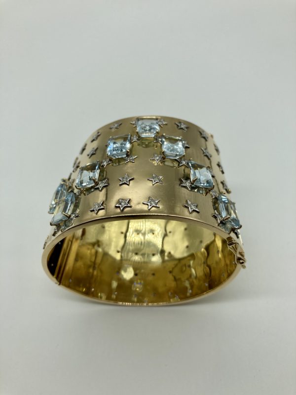 Retro Aquamarine and Diamond Stars Gold Cuff Bracelet - Image 2