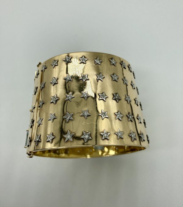 Retro Aquamarine and Diamond Stars Gold Cuff Bracelet - Image 3