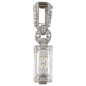 Cartier Art Deco Rock Crystal and Diamond Lapel Watch