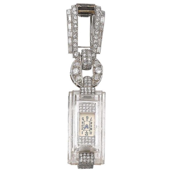 Cartier Art Deco Rock Crystal and Diamond Lapel Watch