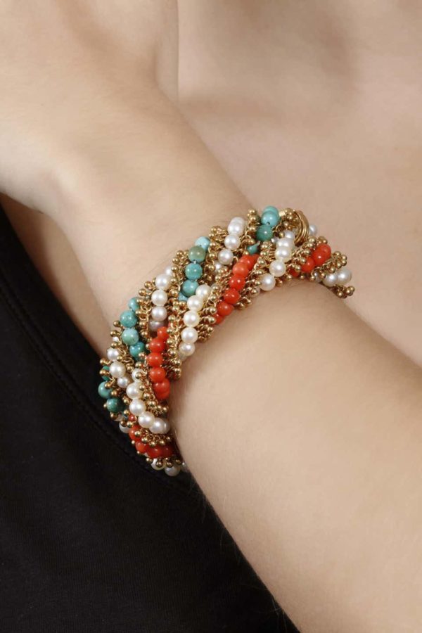 Van Cleef & Arpels Pair of Cultured Pearl, Coral, Turquoise Twist Bracelets - Image 2