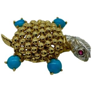 Turquoise, Diamond, Ruby Turtle Brooch