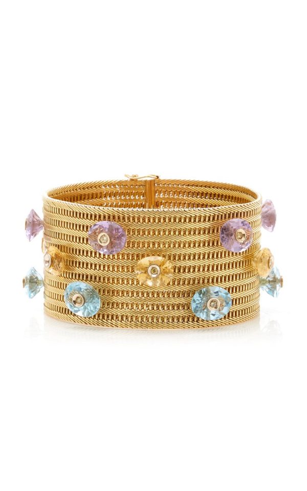Multi-Color Gemstone Woven Gold Bracelet