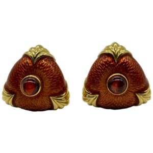 Garnet and Orange Guilloché Enamel Earclips