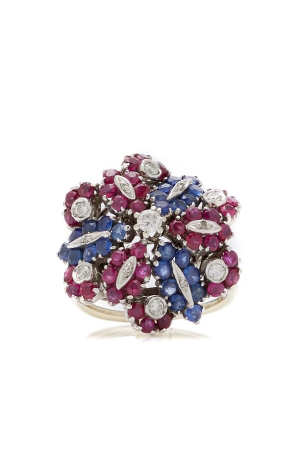 Retro Ruby, Sapphire, Diamond Flower Ring - Image 2