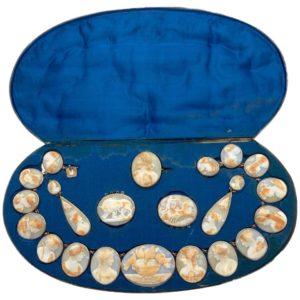 Antique Neoclassical Shell Cameo Parure in Original Box
