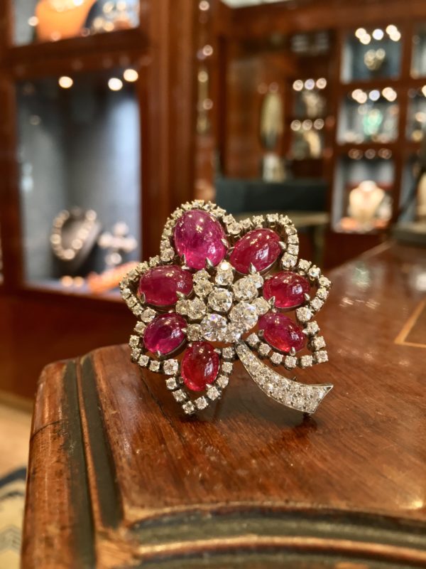 Retro Ruby & Diamond Flower Brooch - Image 2