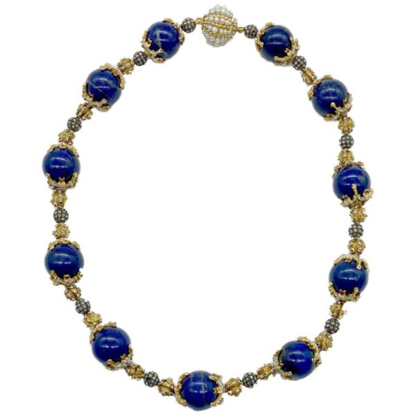 Antique Renaissance Revival Lapis, Diamond, Enamel Necklace